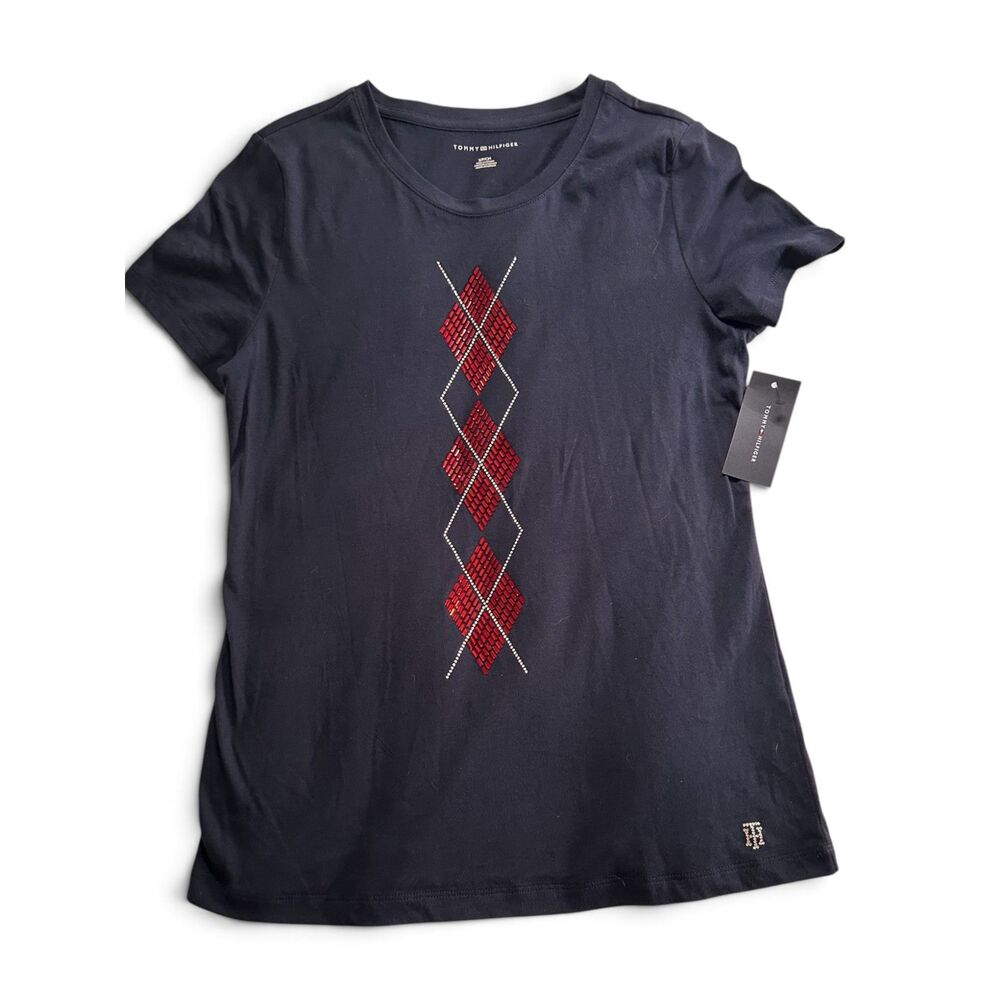 Tommy Hilfiger Women’s Small Navy Embellished Argyle T-Shirt NWT